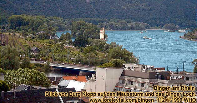 Blick von der Burg Klopp auf den Museturm bei Bingen am Rhein